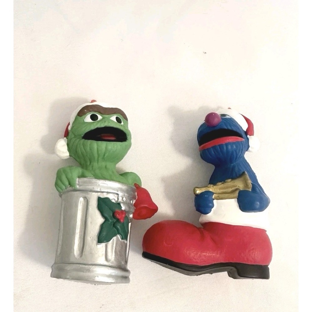 Vintage Sesame Street Christmas Ornaments Lot Oscar the Grouch Trash Can Grover